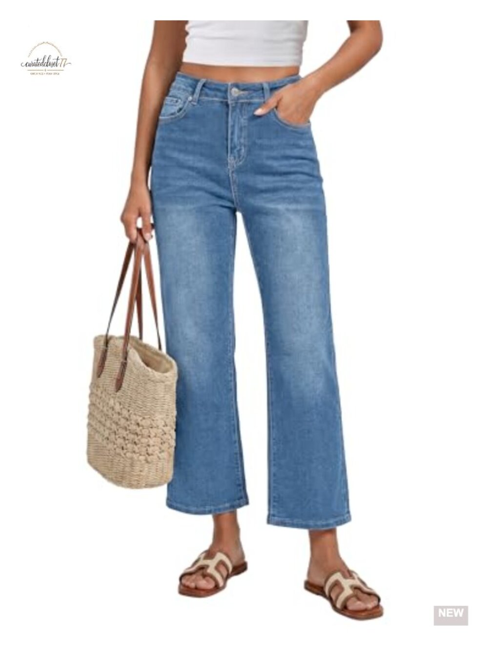 High Waisted Loose Straight Leg Stretchy Cropped Denim Jeans Pockets